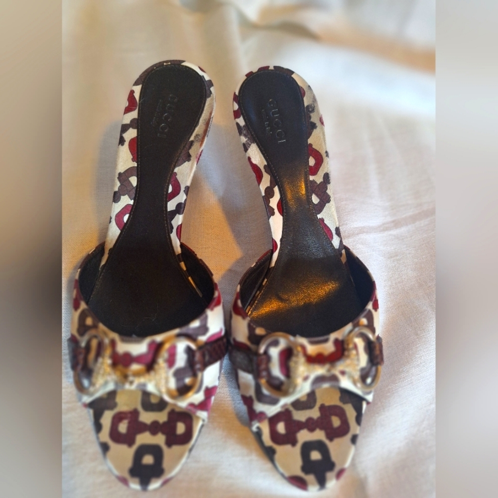 Gucci satin jeweled horsebit sandals with kitten heels